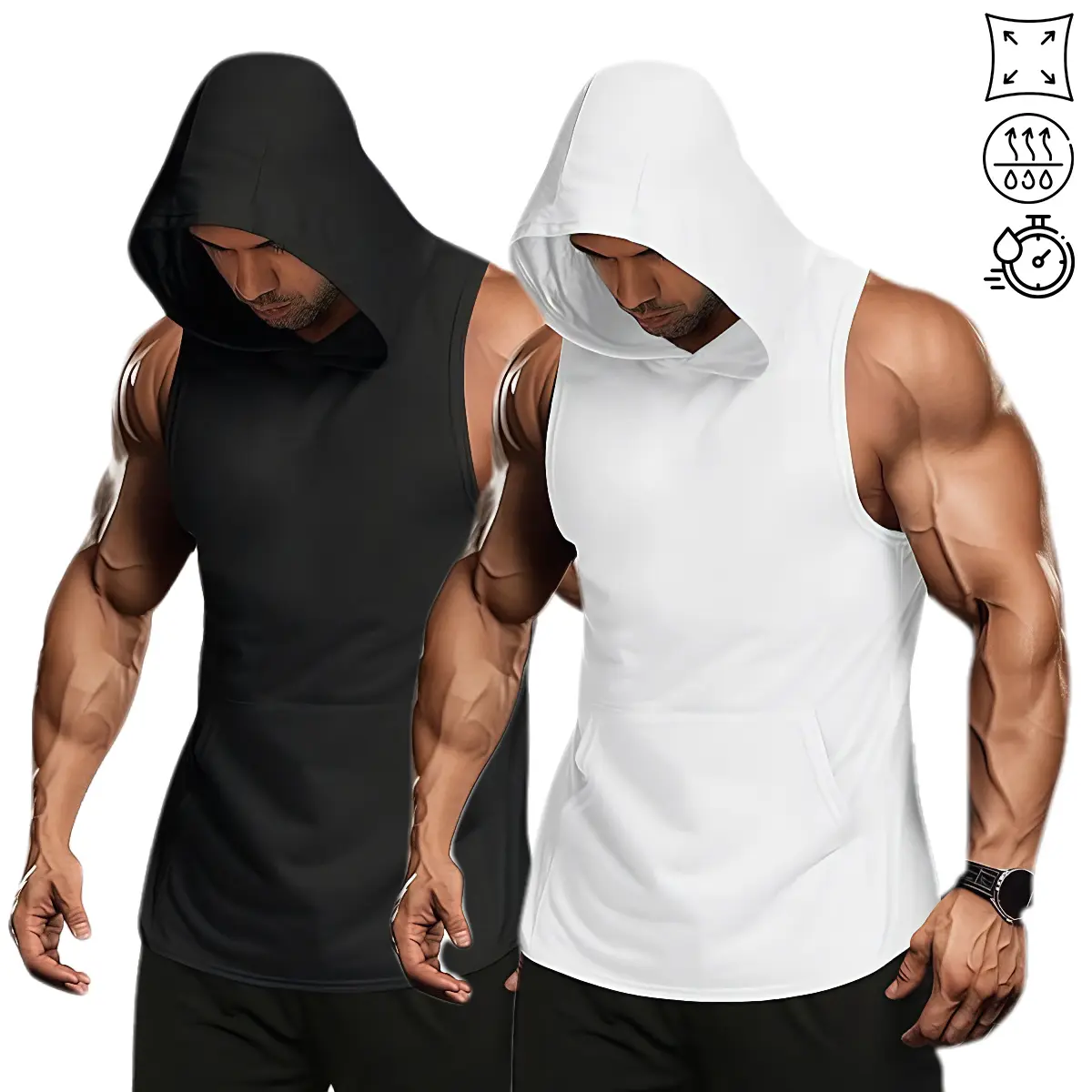 2 Pack Men's Workout Hooded Tank Tops - Muscle Gym Sleeveless Hoodies, Bodybuilding Training Shirts with Kangaroo Pocket, Lightweight Breathable Athletic Vest Set