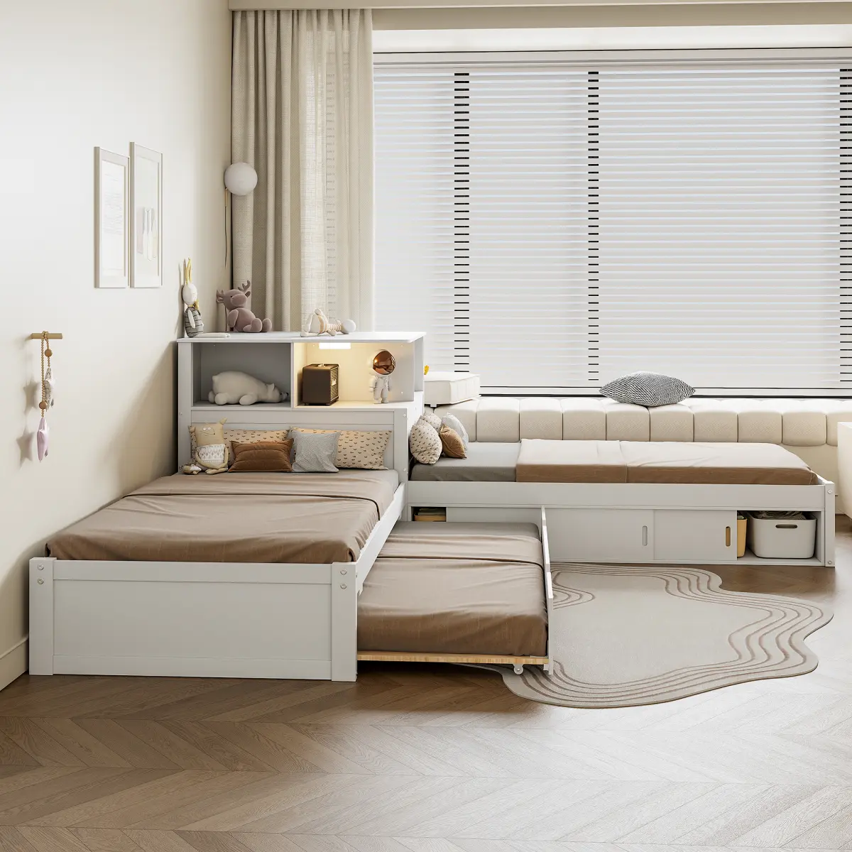 Twin Size Platform Bed L-Shaped Bed Frame with Storage Cabinets,Desk,Trundle and LED Light, No Box Spring Needed, White