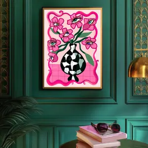 Pink Surreal Eye Flower Print Funky Maximalist Wall Art Pink Checkerboard Vase Poster Trippy Retro Decor Dopamine Aesthetic Eyeballs