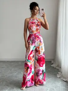 Elegant Women's Sleeveless Chic Floral Romper, Ruched Waist Strapless Jumpsuit, Printed Fabric Halter Neck, Perfect for Vacation and Daily Wear