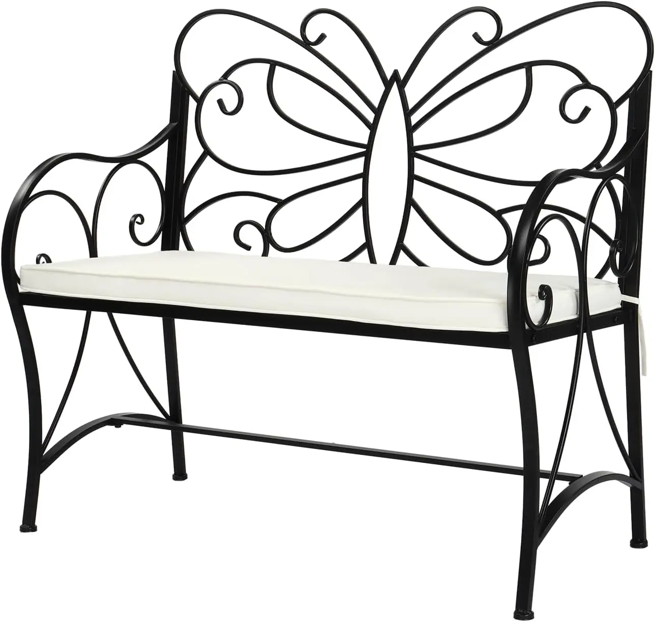 VINGLI 38.7in Cast Iron Outdoor Bench with Cushion, All Weather Resistant Metal Bench with Curved Armrests and Butterfly Pattern Backrest, 1-2 Person Patio Bench for Garden Porch Park Yard
