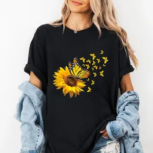 Vintage-style floral round-neck short-sleeved casual T-shirt for ladies. Suitable for summer. Sunflower pattern design. Cotton top. Mother's Day sunflower print. Street style clothing - perfect gift for mom, family and friends.