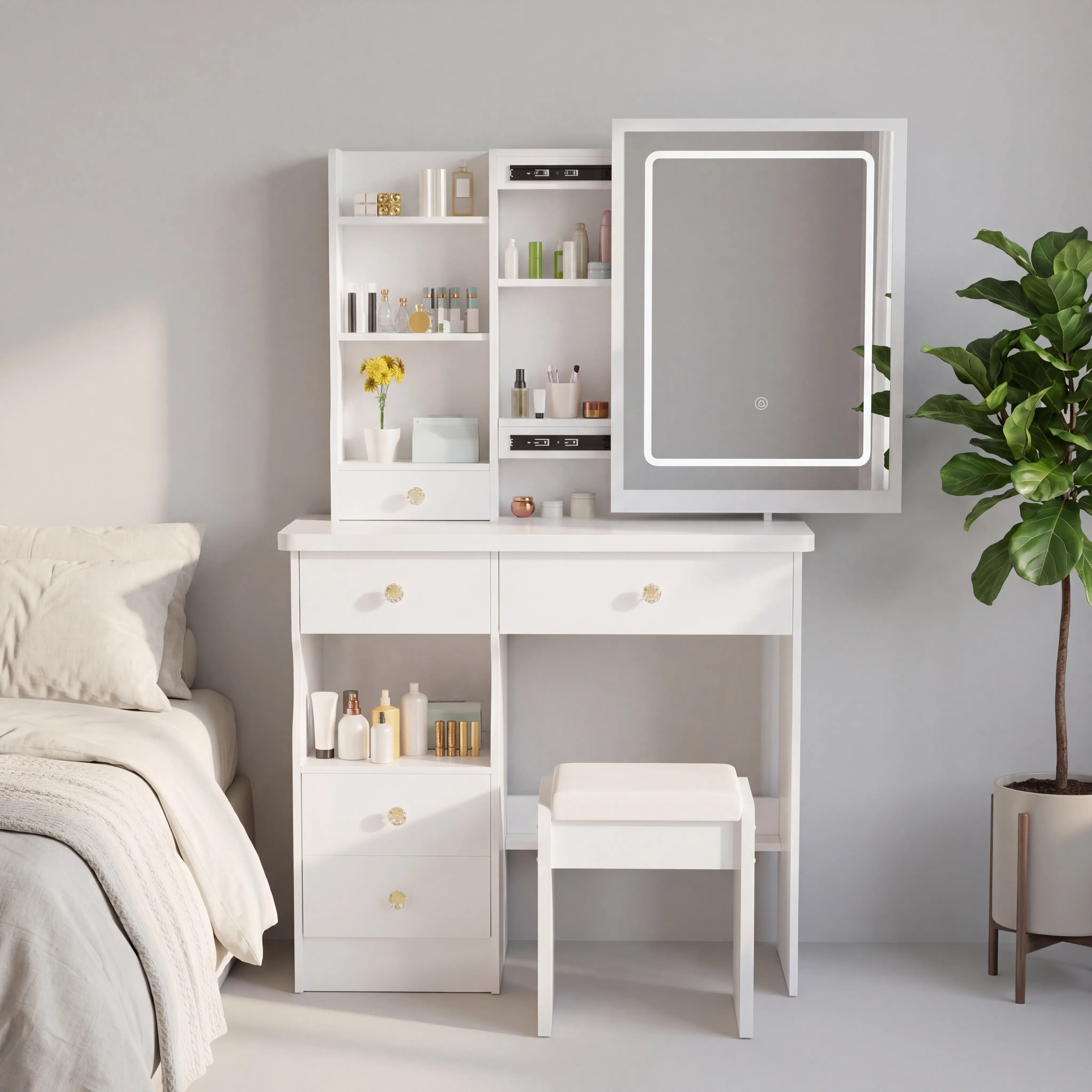 Modern LED Makeup Desk with Mirror - 3-Color Dimmable Lighted Dressing Table, 4 Drawers, 3 Shelves, Concealed Storage, Sturdy Minimalist Indoor Furniture, Anniversary Gift Option