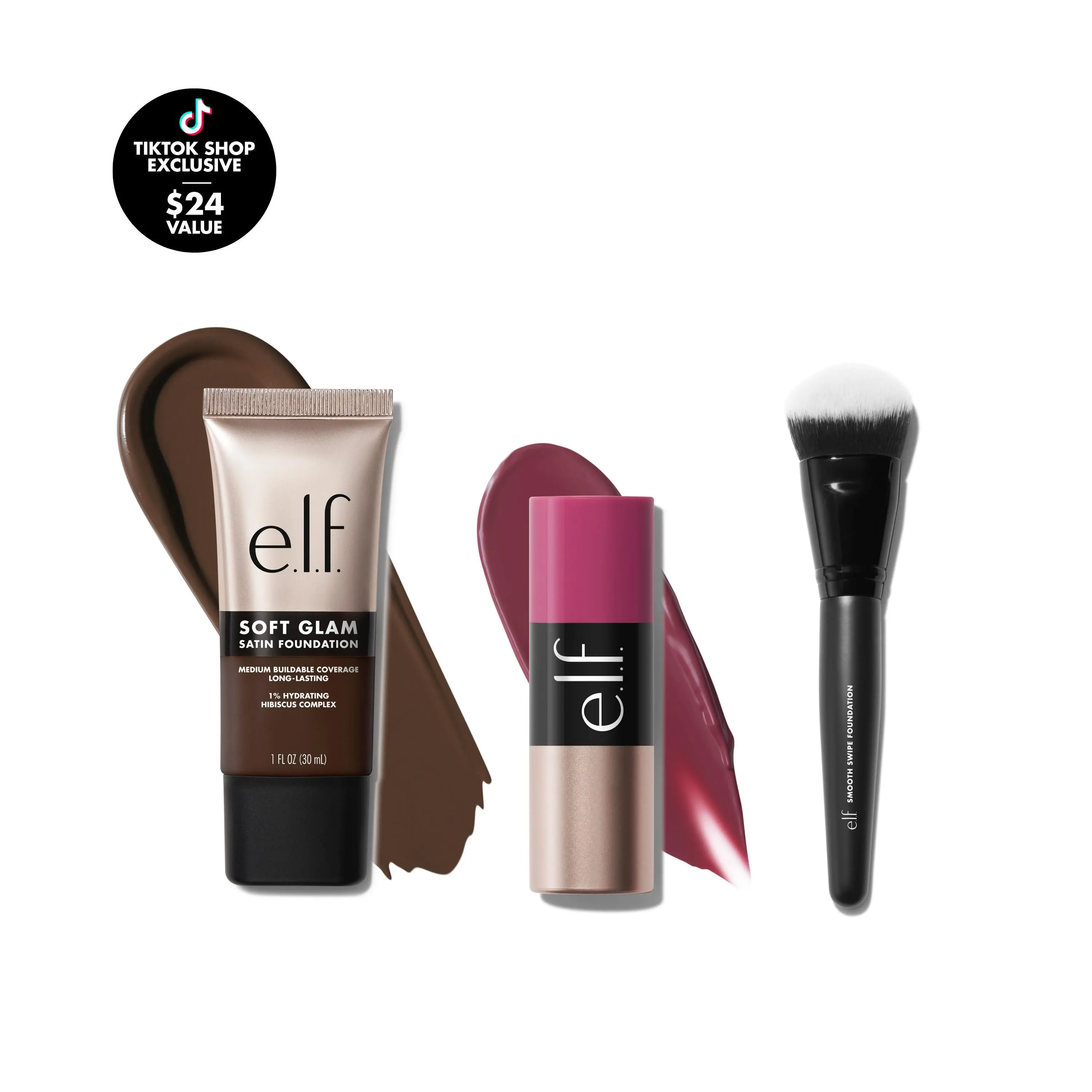 Soft Glam Makeup Set - Satin Foundation, Cream Blush Stick, Angled Foundation Brush Soft Glam Makeup Set - Satin Foundation, Cream Blush Stick, Angled Foundation Brush