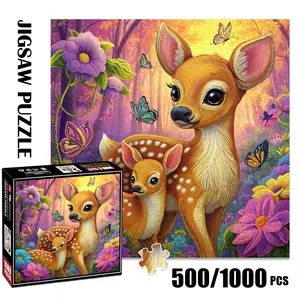 1pc 1000 piece adult puzzle 58x58cm Deer and Fawn with Butterflies in Flower - Filled Forest 500 pieces of paper puzzle, suitable for adults and families, large-scale DIY puzzle interactive toy g