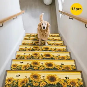 15pcs Sunflower Bee Pattern Non-Slip Stair Mats, Durable Home Stair Rugs, Pet Friendly Stair Protectors, Household Use