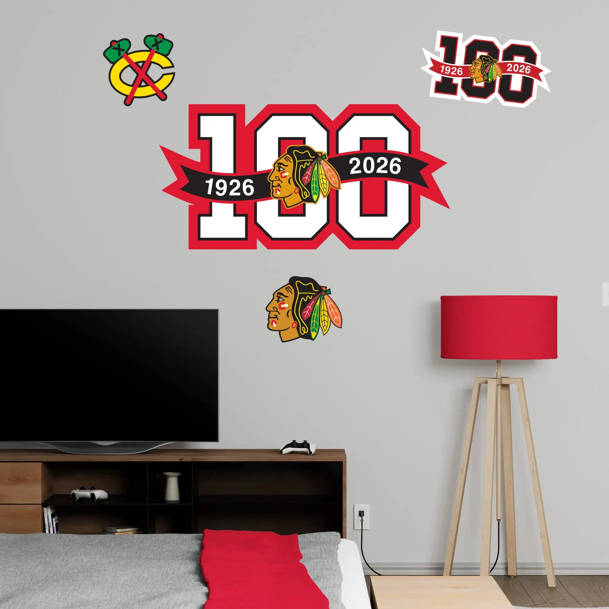 Official NHL Chicago Blackhawks RealBig Centennial Logo Peel-and-Stick Vinyl Wall Stickers - Decorative Stain-Resistant Reusable Die-Cut Wall Art for Fans, Peel and Stick Home Decor Accent Decal
