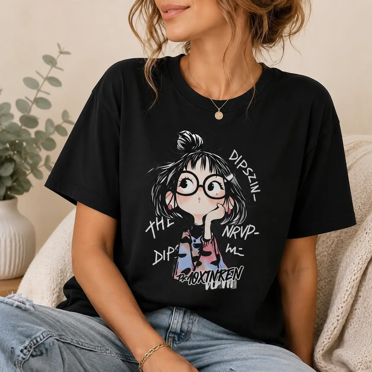 Cute Anime Girl With Glasses And Text Design Women's Graphic Tee Casual Streetwear Style Cotton Crew Neck Short Sleeve Trendy T-Shirt For Everyday Wear rachel new outfit