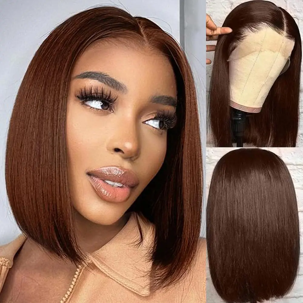 Chocolate Brown Lace Front Wig - Human Hair Straight 13x4 HD Transparent Lace Bob Wig - 150% Density #4 Bob Lace Frontal Wig With Baby Hair - Pre Plucked Lace Frontal Wigs For Women #SummerVibes summerwins