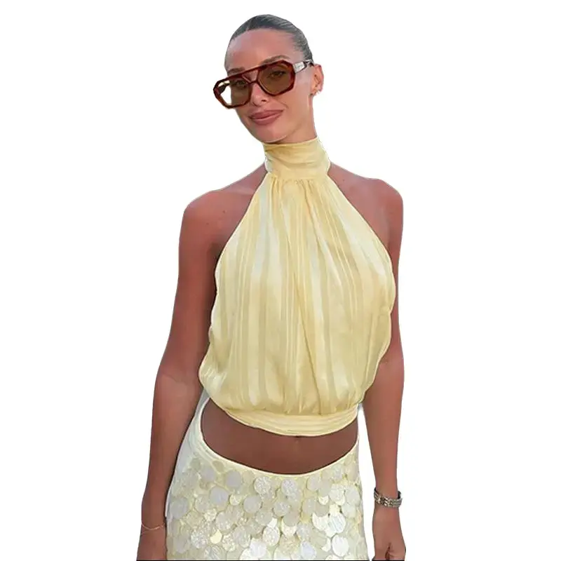 Halter High Neck Open Back Crop Top for Women's 2026 Summer New Tie Neck Fitting Short Tank Top Casual Elegant Dating Club Beach Vacation Sext Tops