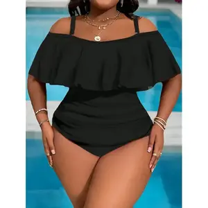 Plus Size Women One-Piece Ruffle Cold Shoulder Ruched Side Swimsuit, Summer Beach
