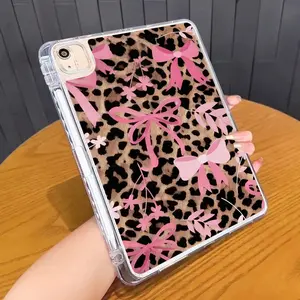 Leopard Print Bow Pattern Clear iPad Case, Soft TPU Shockproof Cover with Built-in Pencil Holder, Slim Portable Single-Side Protection for Men & Women, Compatible with iPad Air 4/5/6, Pro 11" 2024, Mini 4/5/6/7 & iPad 10/9/8/7 series.unisex