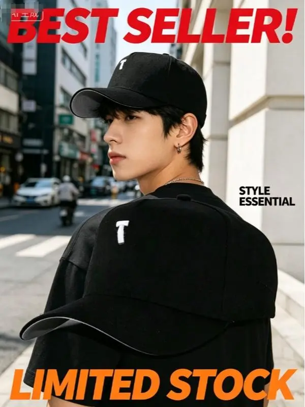 Black Baseball Cap with Letter T Embroidery, Classic Snapback Hat for Men & Women, Streetwear Adjustable Trucker Cap for Casual & Sporty Style