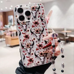 Flower & Bull Head Pattern Phone Case with Beaded Lanyard, Decorative Phone Protector Cover, Phone Accessories Compatible with iPhone 11 12 13 14 15 Pro Max, Casing