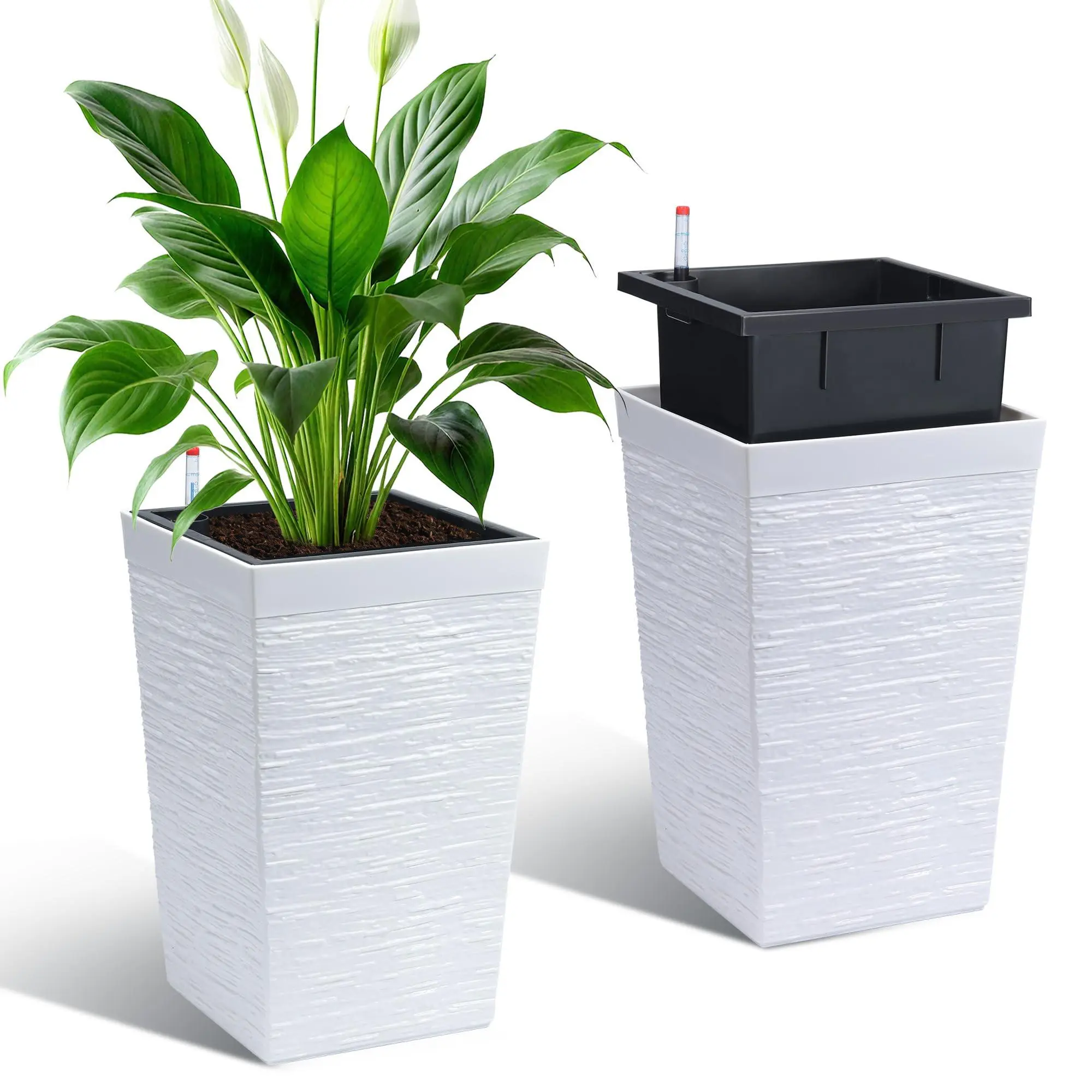 16" Tall Planters Set of 2, Self Watering Tall Planters, Outdoor＆Indoor Planter Pots, High Front Porch Planters Pots with Drainage Holes＆Water Level Monitor, White