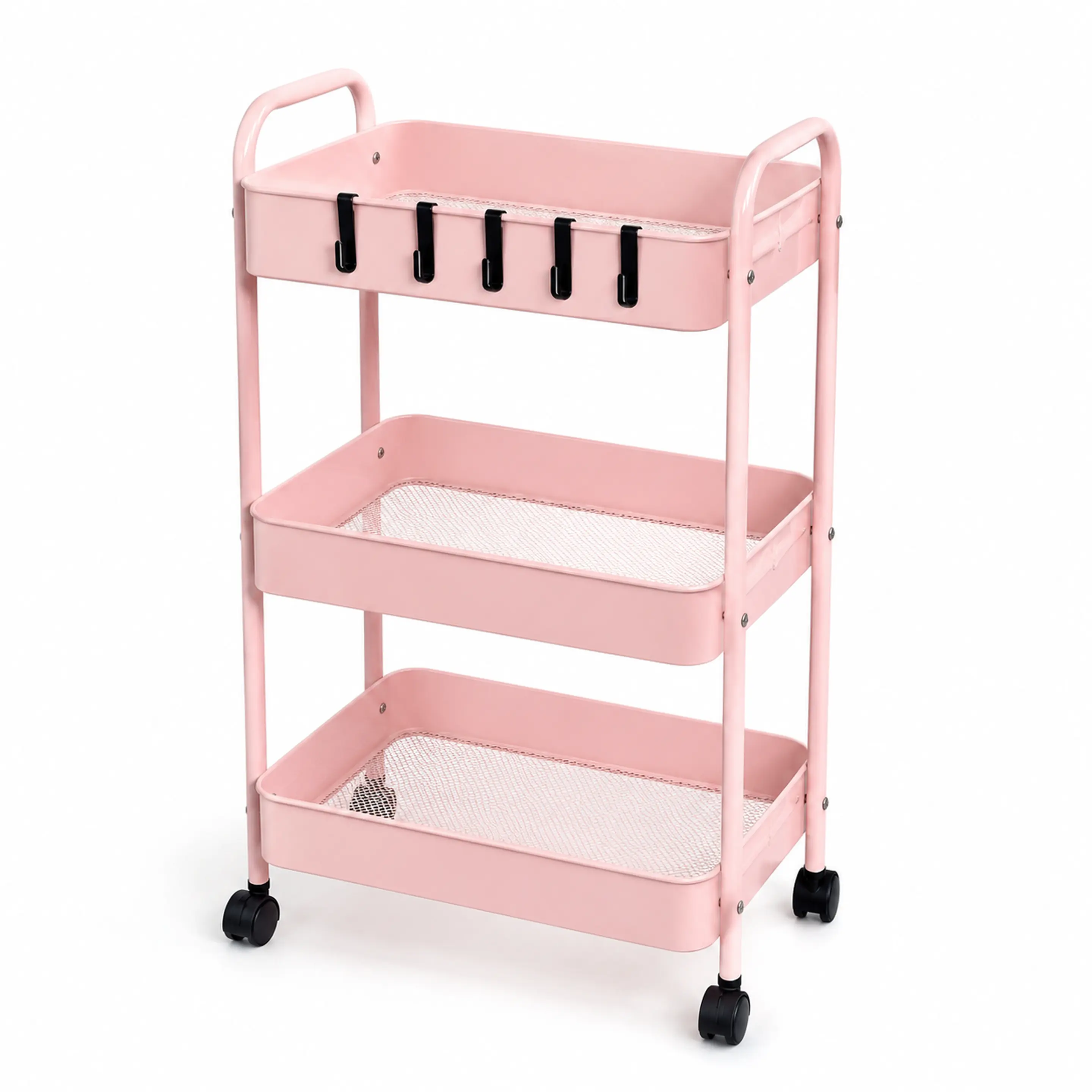 3 Tier Rolling Metal Storage Cart with 5 Removable Hooks & Lockable Swivel Wheels, Mobile Utility Organizer Shelving Unit, Mesh Basket Rolling Trolley for Home Office, Bedroom, Makeup, Kitchen, Small Space Storage, Easy Assembly