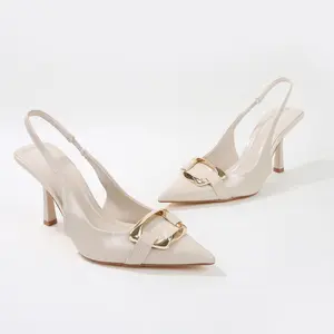 BERNESS Cindy Buckle Accent Slingback Stiletto Heels - Pointed Toe Slip On Summer Plain Glossy Finish 3" Heel Comfortable Footbed Ideal for Formal Events - Footwear Walking Shoes