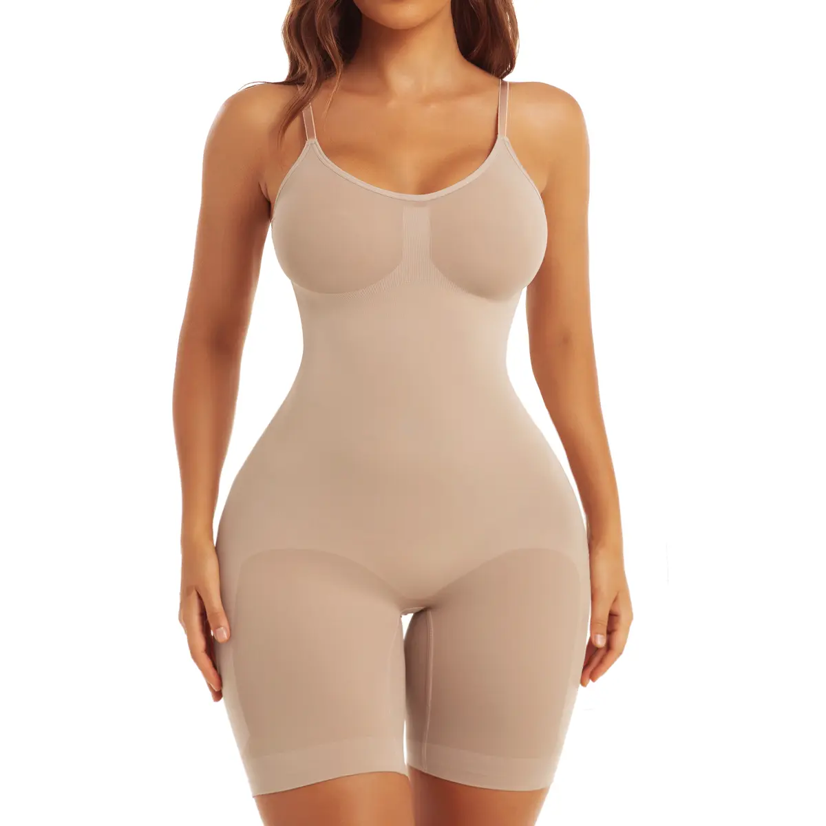 Women's Seamless Shapewear Bodysuit, V-Neck Spaghetti Strap Shorts with Tummy Control and Butt Lifting, Adjustable Compression for Everyday & Workout Use, Style, Basic, Tummy Control Bodysuits, Bodysuit Shapewear