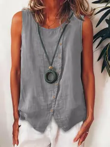 Women's Sleeveless Button Shirt, Side Single-Row Buttons Loose Vest Casual Top, New Arrival 2026 Cross-Border Fashion