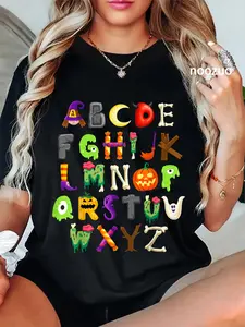 100% Cotton Unisex ABCs Learning Kindergarten Teacher Funny Halloween Alphabet T-Shirt