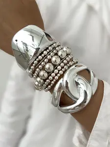 Elegant Punk Style Bracelet Set for Women, Includes 9 Piece Ccb Beaded, Bold Cuff & Bold CC Cutout Bangles, Perfect for Parties, Weddings, and Everyday Wear, Stackable Bracelet