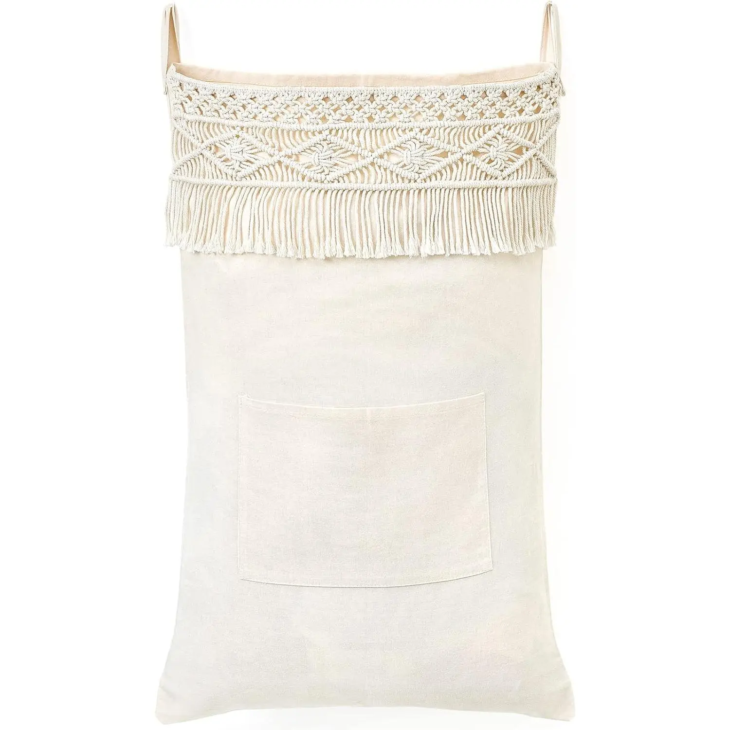 Cotton Macrame Hanging Laundry Hamper Bag - Over The Door Home Organizer, Portable Boho Decor Storage Bag for College Dorm Room, Space-Saving Home Supply