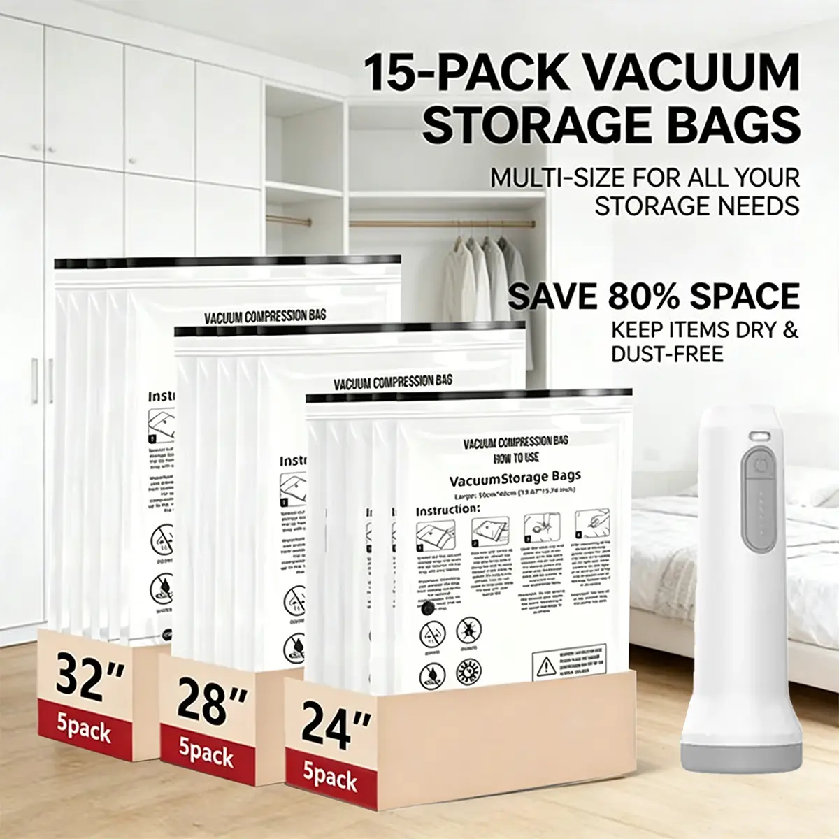 Vacuum Storage Bags, 3 Sizes, 80% Compression Vacuum-Sealed Space-Saving Plastic Storage Bags, Suitable for Clothes, Blankets, Pillows, Bedding, Quilts, and Vacuum Sealing Machines for Clothing Storage, 15 Pack, 9 Pack