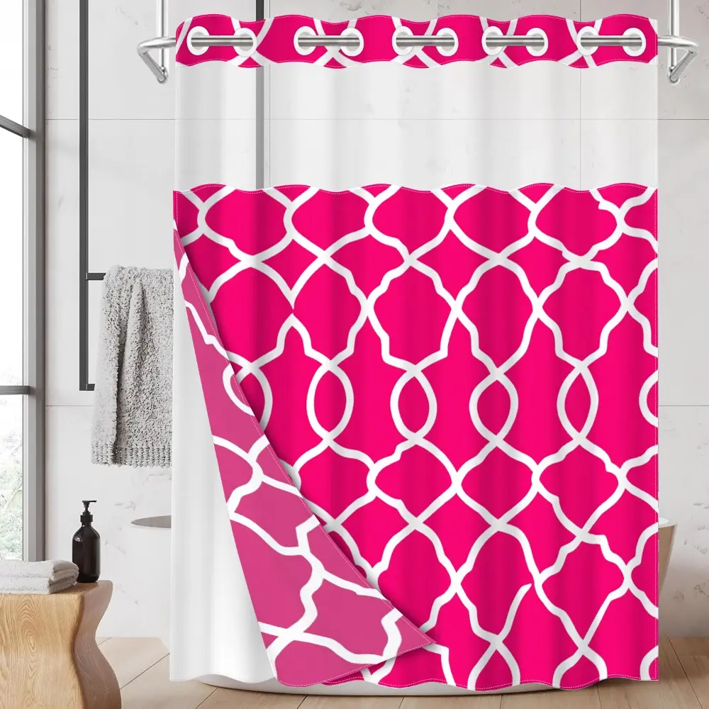 1pc hookless shower curtain, Bathroom shower curtain, with buckle lining, rose red halal geometric pattern, 2D flat printing, fabric waterproof lining, see-through double-layer, 71 x 74 inches, modern home curtain