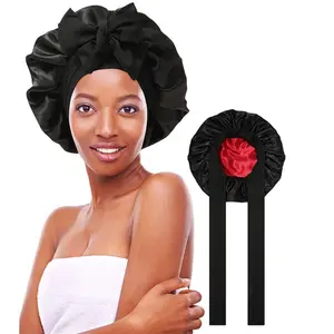 Women's Double-Layer Solid Satin Haircare Bonnet - Adjustable Elastic Heatless Sleep Cap with Tie Band, Smooth Wrap for Curly Natural Hair Night Use, Sleep Bonnet Headbands