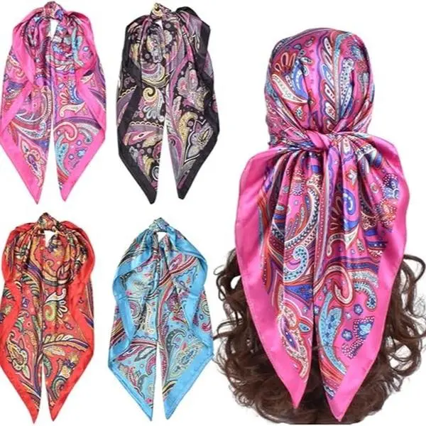 4Pcs Silk Head Scarves for Women Satin Hair Scarf 35”Large Square Bandana Silk Like Neck Scarf Shawl