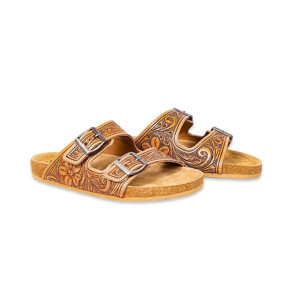 Women's Myra Darla Trail Hand-Tooled Genuine Leather Handmade Fashionable Flat Shoes Sandals - Western Slip-Ons with Adjustable Strap, Cork Footbed, All Seasons Everyday Comfort