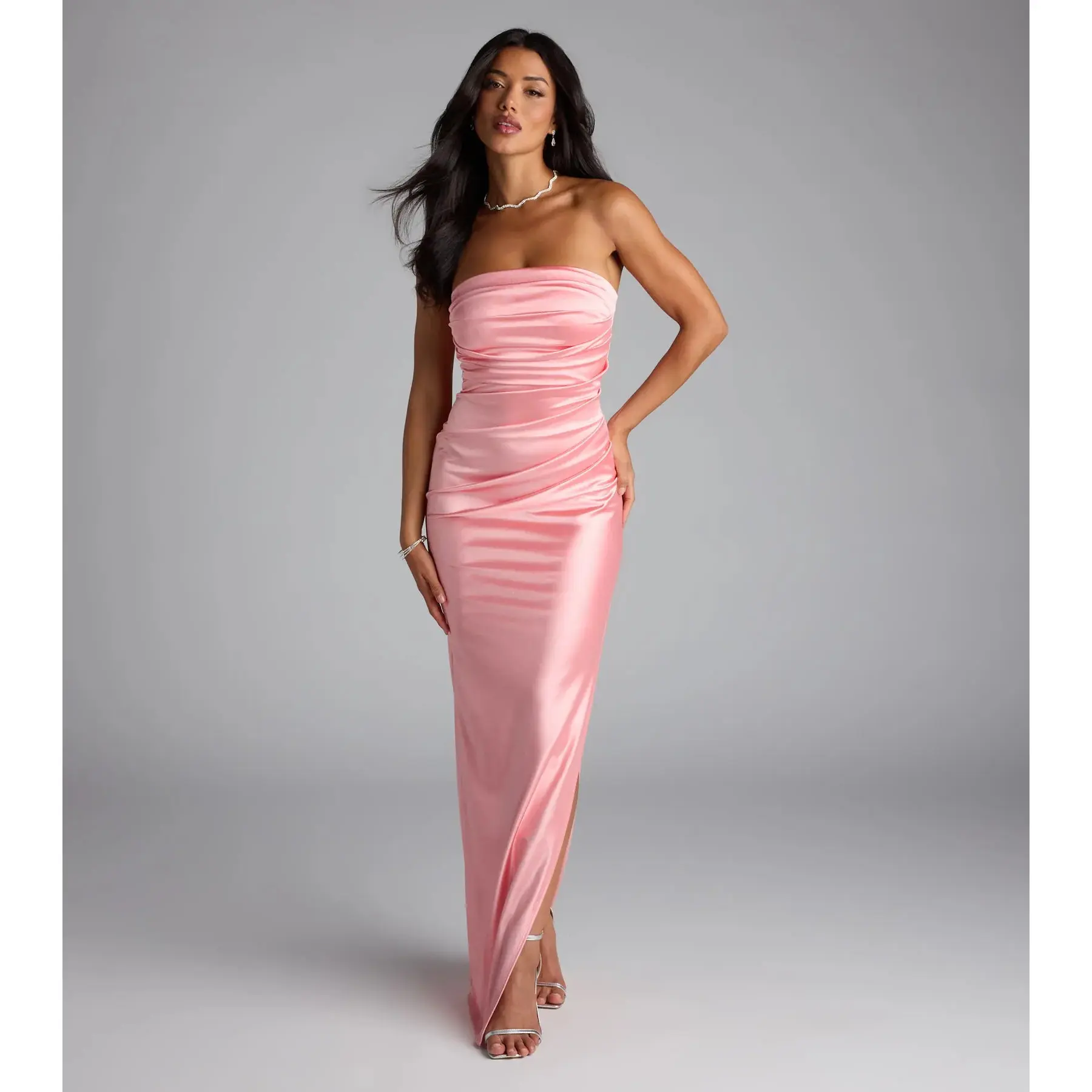 Brianna Satin Strapless High Slit Column Dress