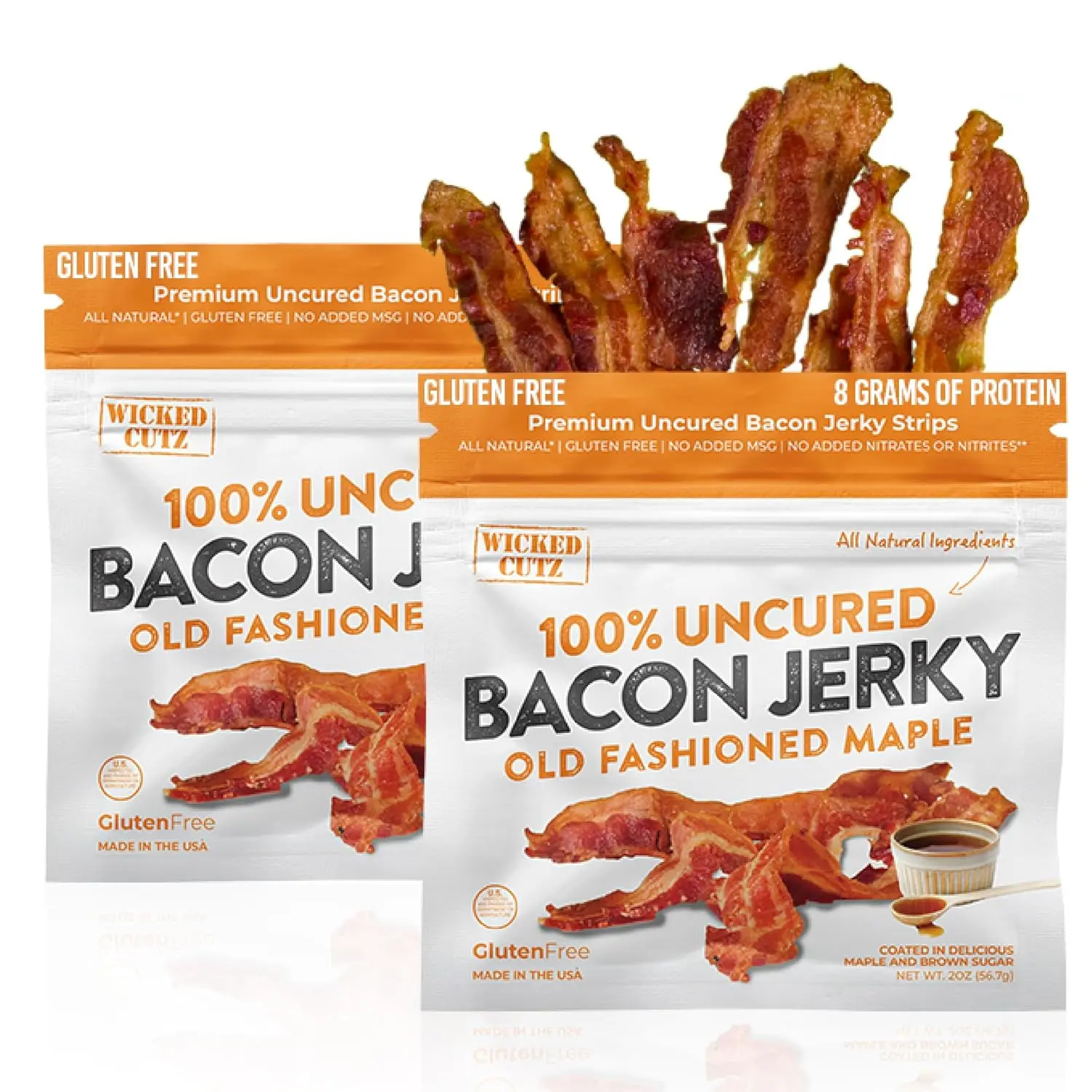 Old Fashioned Maple Bacon Jerky, Sweet Candied Bacon Snack with 16g Protein Per Bag, Tender Fully Cooked High Protein Jerky, USA Made (2 Bags)