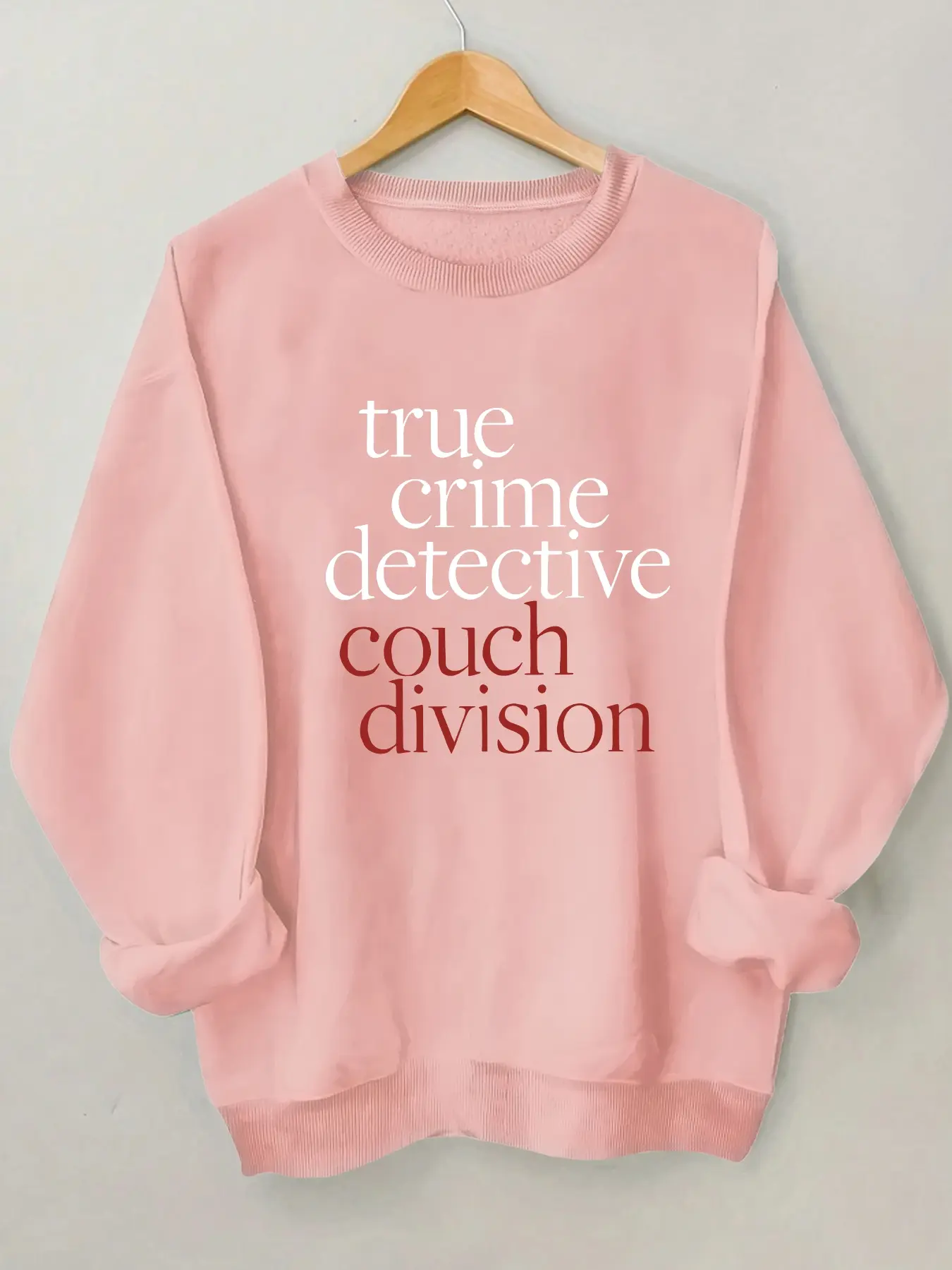 Women's Graphic Round Neck Funny Sweatshirt, True Crime Detective Couch Division Text, Casual Fitted Design, Comfortable Loose Fit
