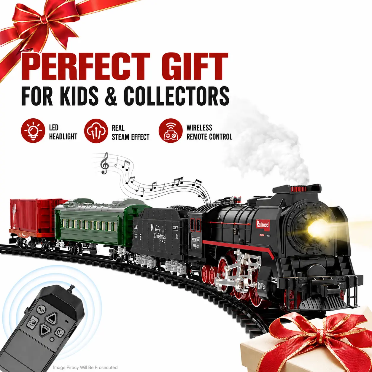 Christmas Tree Train Set with Steam Mist, Remote Control Light Up Electric Railway Toy with Sound Effects for Kids Holiday Gift