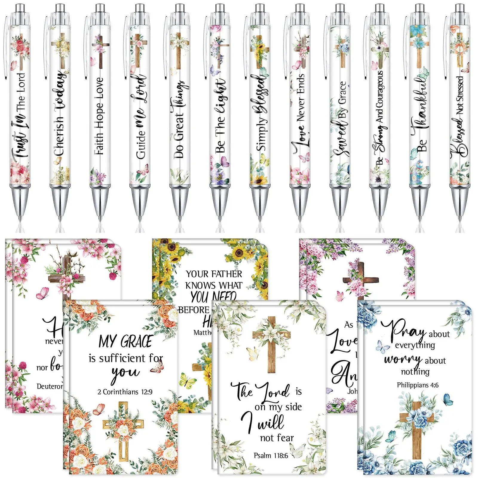 Christian Gifts for Women with 12 Bible Verses Pens and 12 Pocket Notebooks Bible Study Supplies Inspirational Pens Religious Gift for Church for Sunday Preyer Study Group, Feast of the Holy Cross Gift for Christian Women Girls