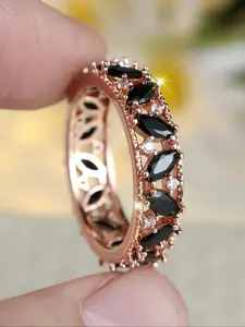 Black Marquise Black Cubic Zirconia Rose Gold Women's Engagement Ring, Fashion Jewelry for Party, Daily Clothing Decor, Trendy All-match & Exquisite Jewelry for Birthday Gift, Marquise Cut Ring, Cubic Zirconia Rings