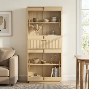 IRONCK 69" Tall Modern Farmhouse Fluted Kitchen Storage Cabinet - Oak Finish Freestanding Cupboard with Sliding Glass Doors, Drawer, Adjustable Shelves for Food and Snacks, Kitchen, Dining Room
