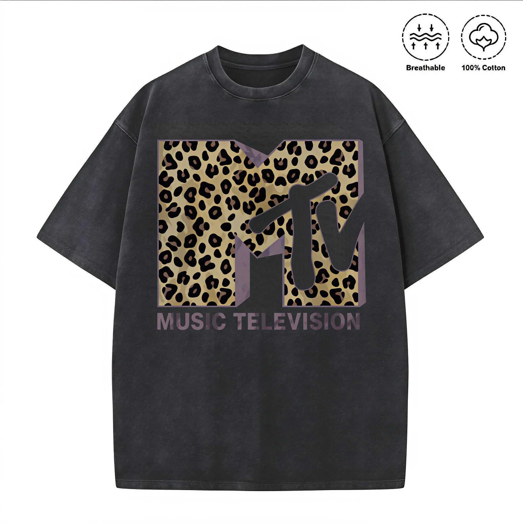 🔥Washed T-shirt 230g 100% Cotton Womens  MTV Classic Leopard Print Bold Logo Shirt, Logo Tee, Retro 80s 90s Style Tee