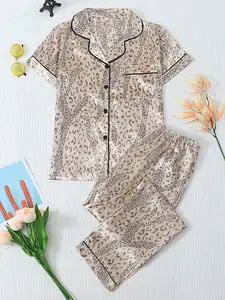 New Silk Leopard Print Set, Comfortable Soft Short Sleeve Top, Long Sleeve Pants High Sleepwear Loungewear Pajama, Casual Fitted All Seasons Women