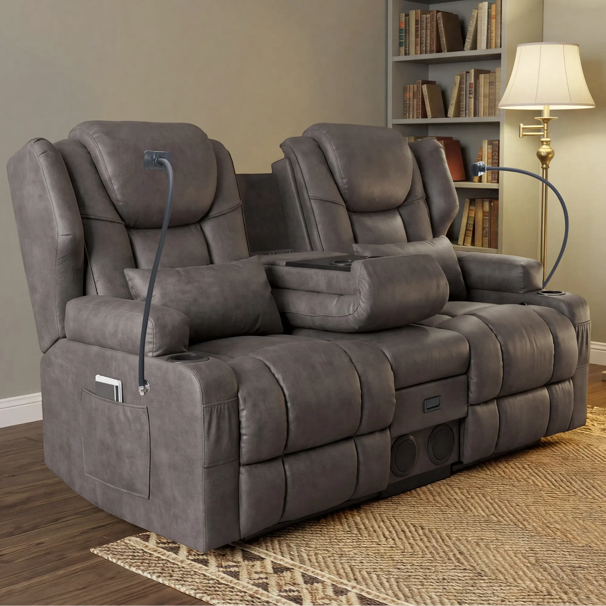 Gray Manual Wall-Hugger Loveseat Recliner with Massage, Heat, Bluetooth Speakers and Cup Holders - Indoor Living Room Furniture for Small Space Apartments, RV Home Theater Seating