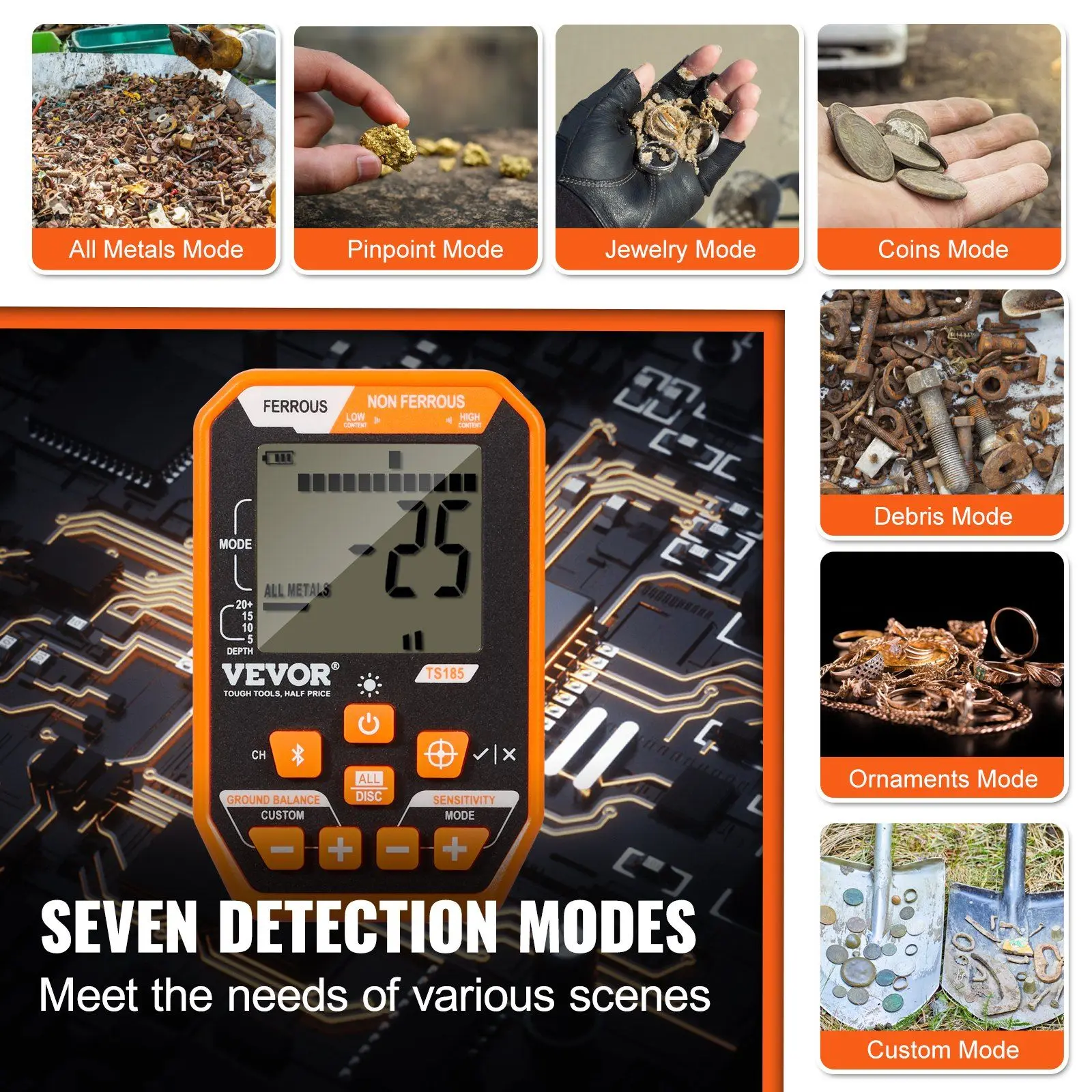 VEVOR IP68 Rated Waterproof Metal Detector with 12 Inch Coil, 7 Detection Modes, Advanced DSP Chip, LCD Display, Rechargeable Battery Charger, 39-50 in Adjustable Length, Bluetooth Headset for Gold Treasure Hunting, Father's Day, Handbag, 10Ft Underwater