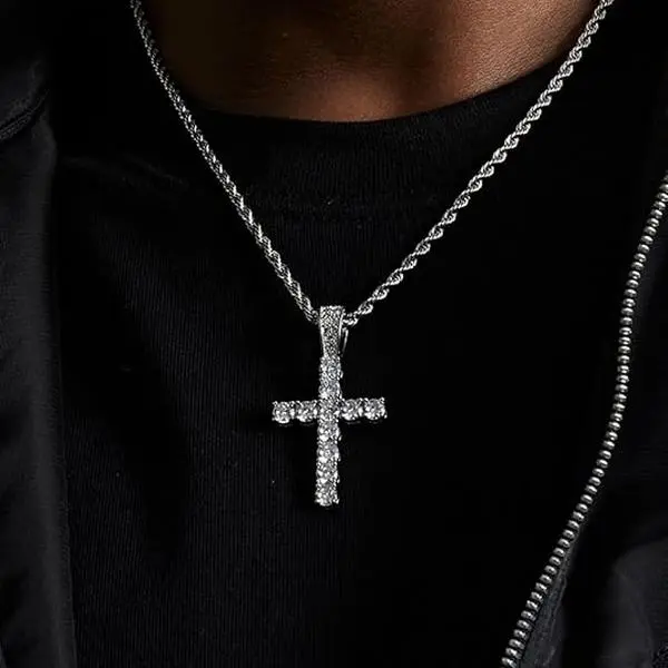 Men's Iced Out Cross Necklace, 20-Inch Silver-Plated Stainless Steel Cuban Link Chain with 5A+ CZ Pendant, Men's Accessories Gift, Alloy Necklace, Mens Gifts, Chains, Jewelry