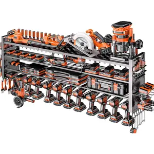 49.8" W Large Power Tool Organizer Wall Mount, Heavy Duty Tool Organizer with 14 cordless Drill Holder, 4 Layers Garage Organization and Storage Rack, Tool Rack for Garage Workshop, Black