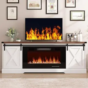 Farmhouse Fireplace TV Stand / Farmhouse TV Stand for 70/75/80 Inch TV, 70 inch Entertainment Center Storage Cabinets with 36”Electric Fireplace and Sliding Barn Doors, Media Console Cabinet for Living Room