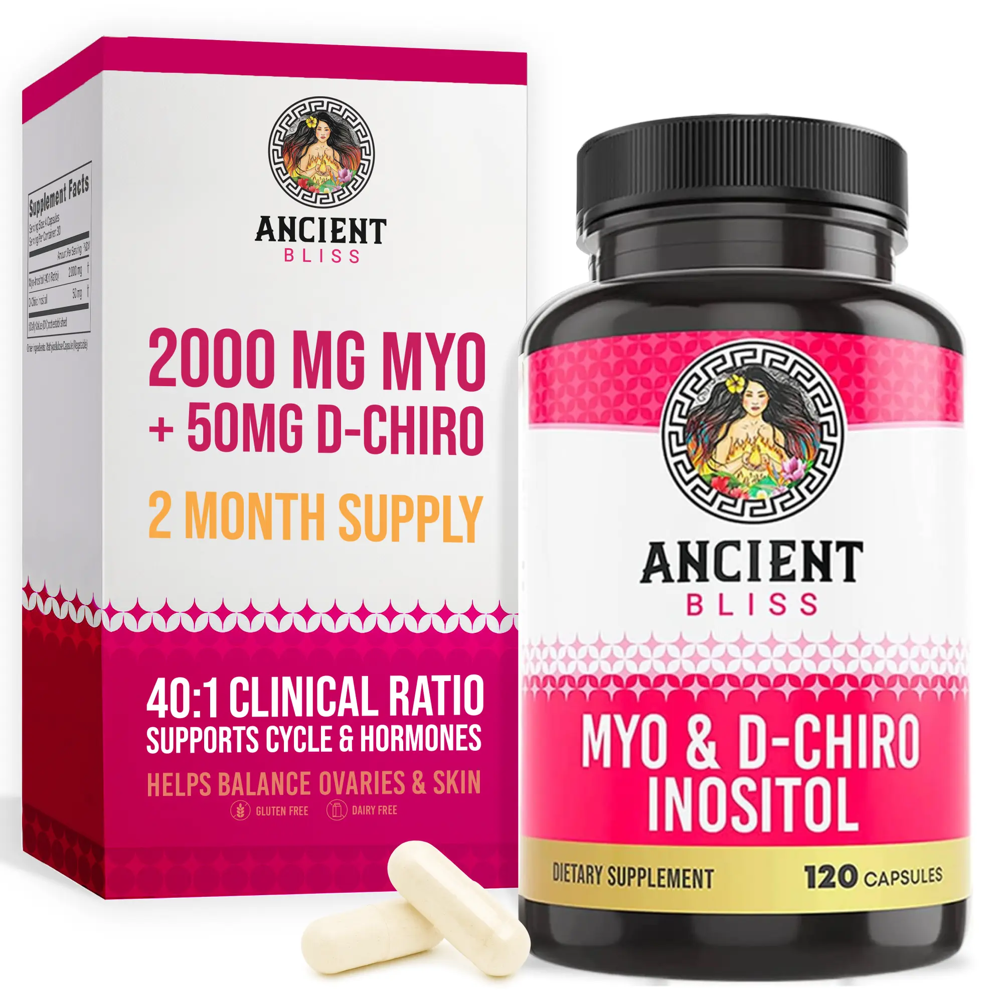 Ancient Bliss Myo & D-Chiro Inositol Dietary Supplement - 40:1 Ratio, 2050mg per Serving, 120 Vegan Capsules, US-Made Vitamins for Natural Ovarian Function & Menstrual Cycle Support