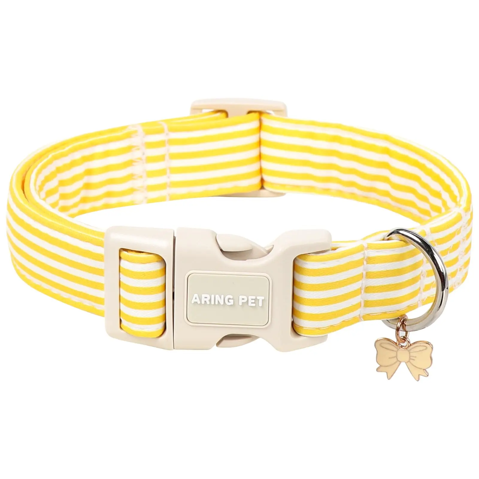 ARING PET Cotton Cool Fabric Adjustable Pastel Yellow Striped Chew-Resistant Dog Collar - Cute Bow Charm, Secure Fit for Small-Large Dogs, Ideal for Daily Walks & Outdoor Adventures