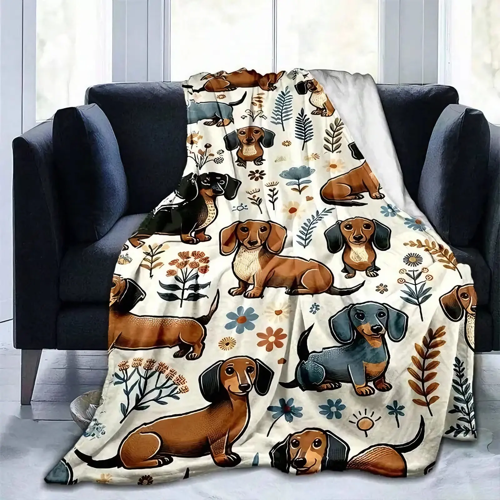 Super Soft Cute Dachshund Prints Flannel Printed 3D Blanket, As Birthday Gifts, Family, Wedding, Souvenir Blankets, Polyester Blankets Suitable For All Seasons, Washable, Machine Washable, Lightweight, Breathable, Comfortable, Warm, Unique