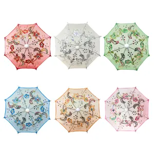 Thy Home Pack of 6 Assorted Colors Handmade Lace Portable Umbrella Style Mini Umbrellas with Sequins - 11.6in Diameter Metal Frame Fruit Prop, Doll-Size Decorative Gift for Weddings, Parties, Umbrella Style Umbrellas