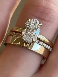 3pcs/Set Unique Oval Cut Cubic Zirconia Bridal Set Engagement Ring Gift for Her Promise Ring Wedding Set Eternity and Plain Band Set Ring for Gift Cubic Zirconia Rings